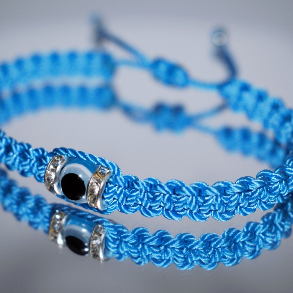 Evil eye bracelet, light blue adjustable bracelet, charm bracelet